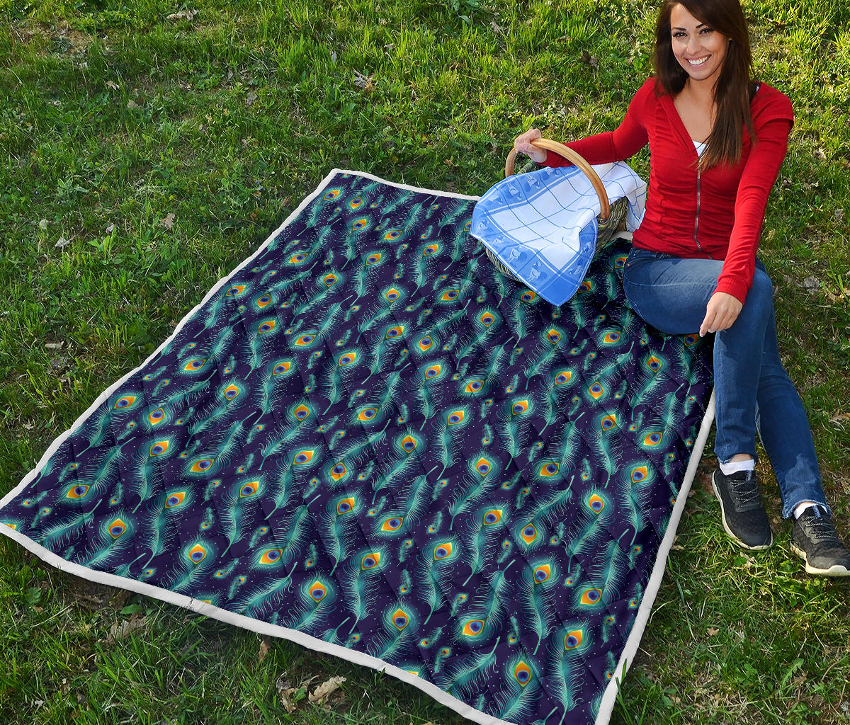 Peacock Feather Blue Design Print Quilt Bedspread