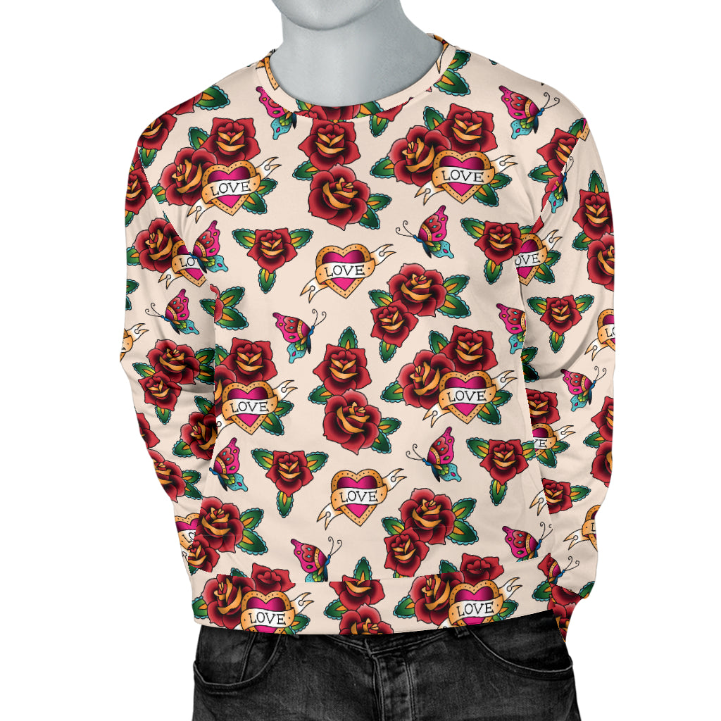 Old School Tattoo Rose Pattern Men Long Sleeve Sweatshirt