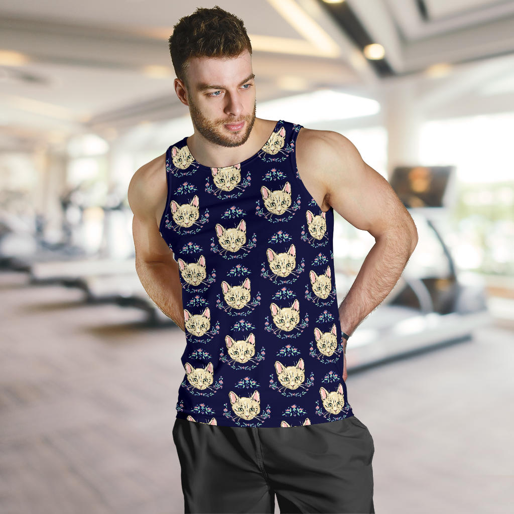 Cat Head with flower Print Pattern Men Tank Top