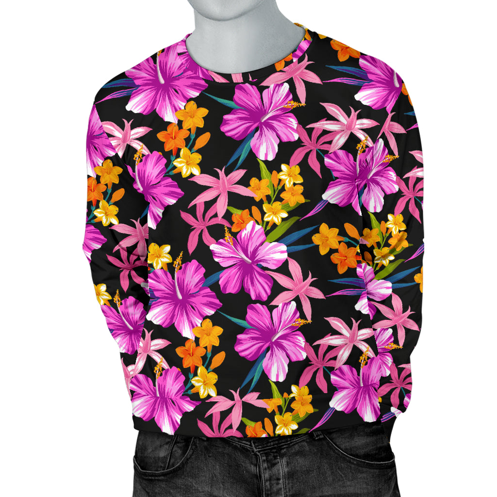 Tropical Folower Pink Hibiscus Print Men Long Sleeve Sweatshirt