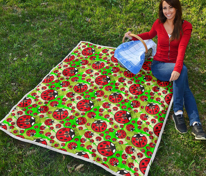 Ladybug with Leaf Print Pattern Quilt Bedspread