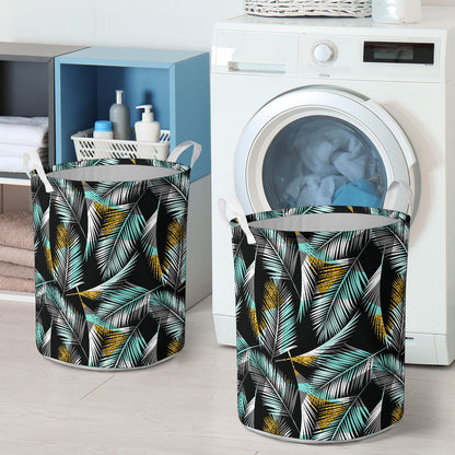 Gold Glitter Cyan Tropical Palm Leaves Laundry Basket
