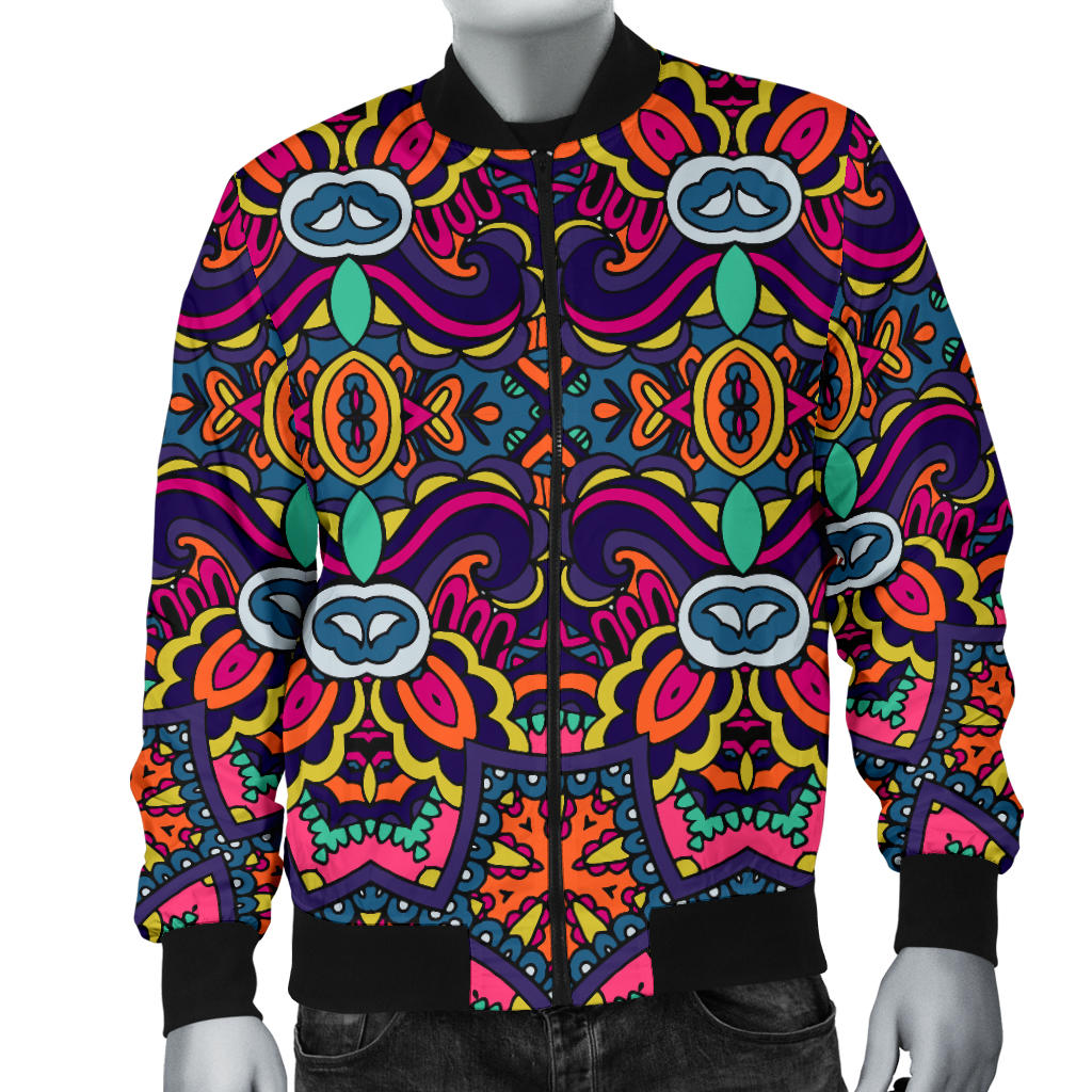 Ethnic Flower Style Print Pattern Men Bomber Jacket