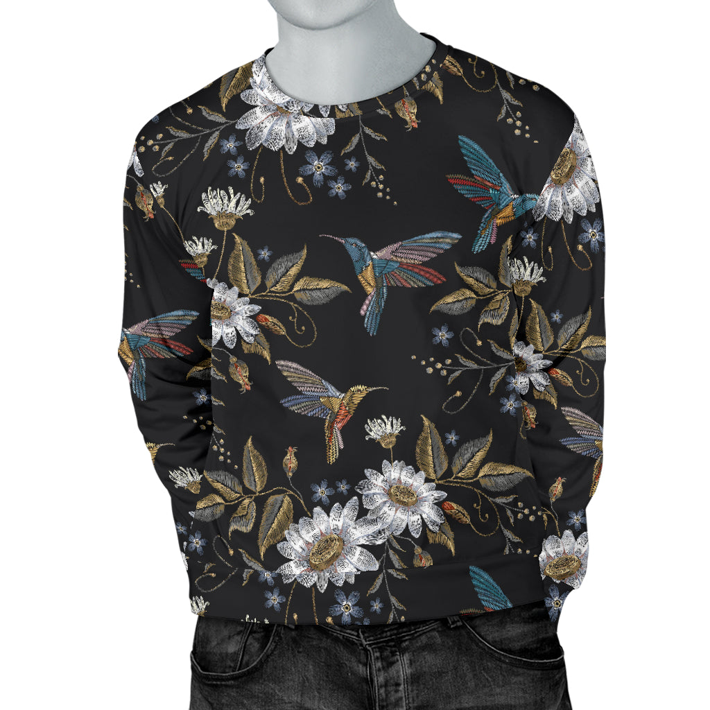 Hummingbird with Embroidery Themed Print Men Long Sleeve Sweatshirt