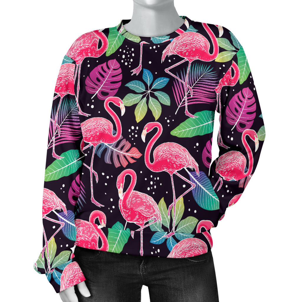 Flamingo Tropical leaves Neon Print Women Long Sleeve Sweatshirt