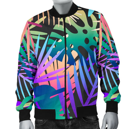 Neon Flower Tropical Palm Leaves Men Bomber Jacket