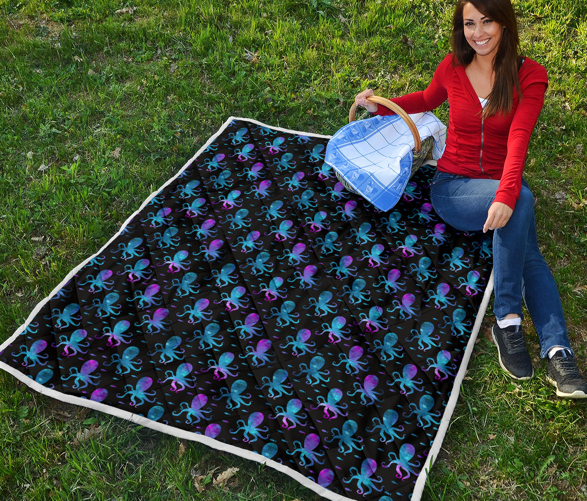 Octopus Blue Design Print Themed Quilt Bedspread