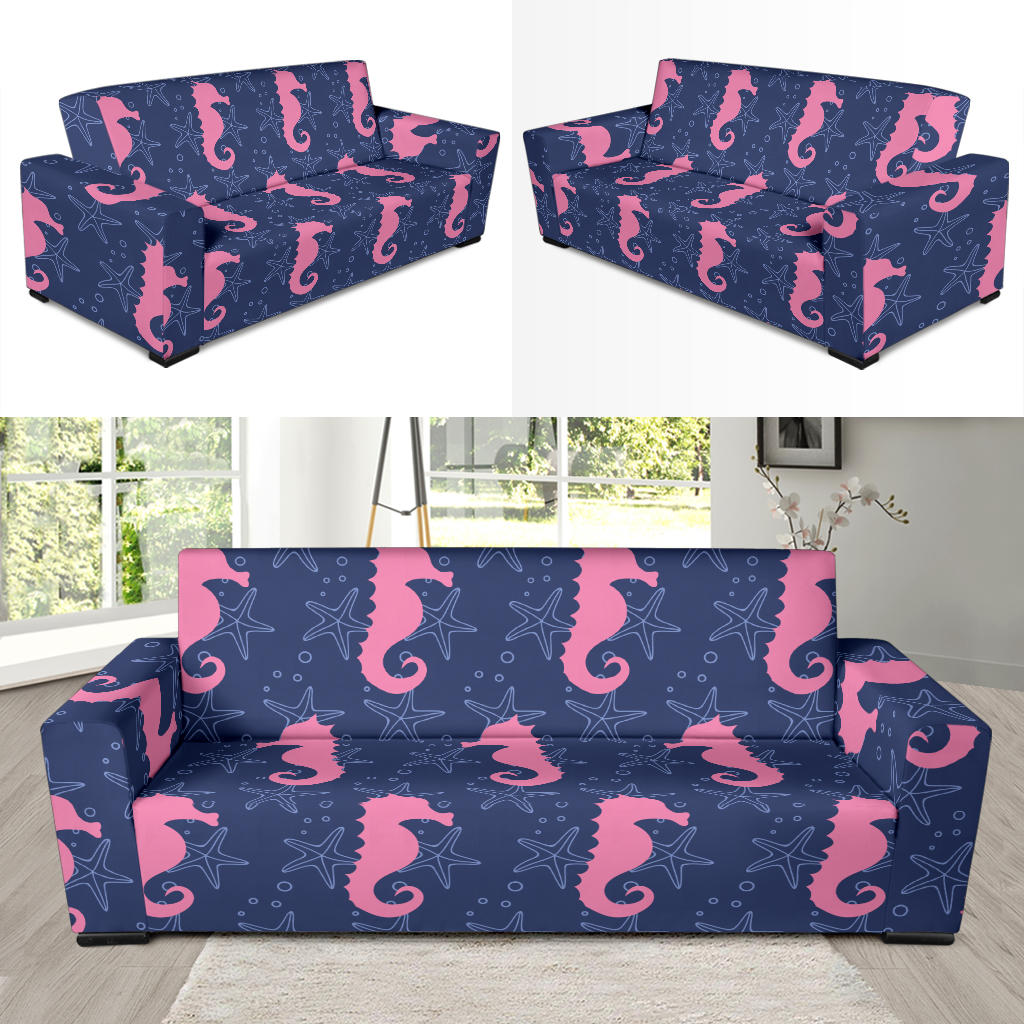 SeaHorse Pink Pattern Print Design 02 Sofa Slipcover