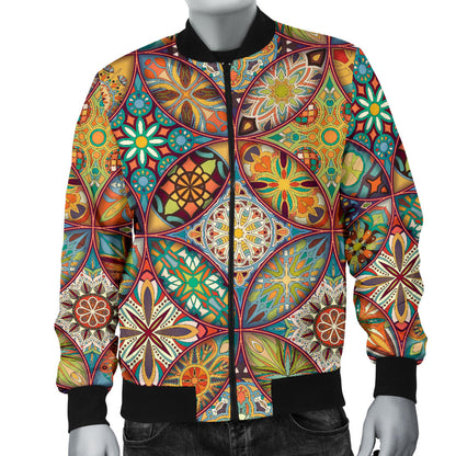 Mandala Flower Themed Design Print Men Bomber Jacket
