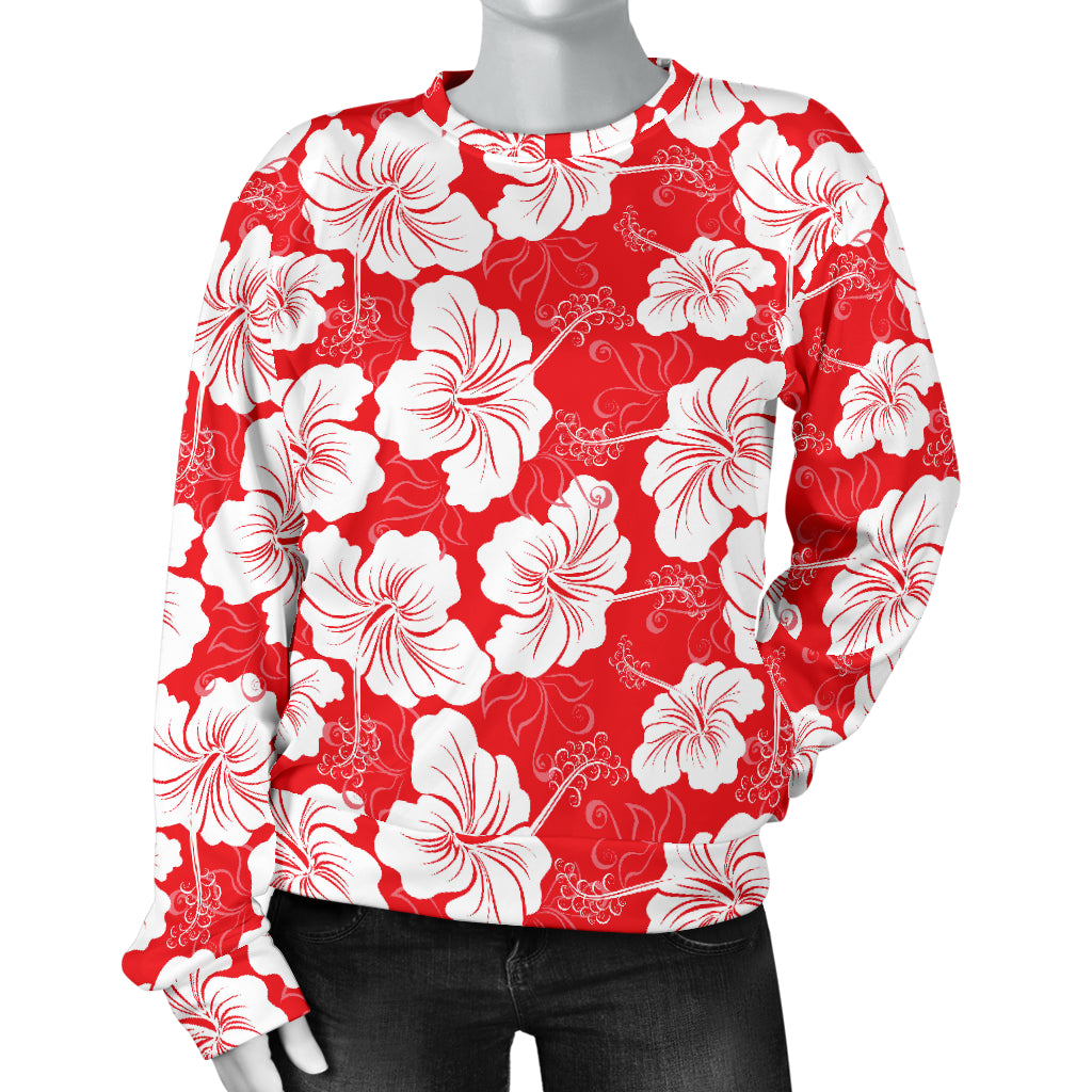 Flower Hawaiian Hibiscus Red Background Print Women Long Sleeve Sweatshirt