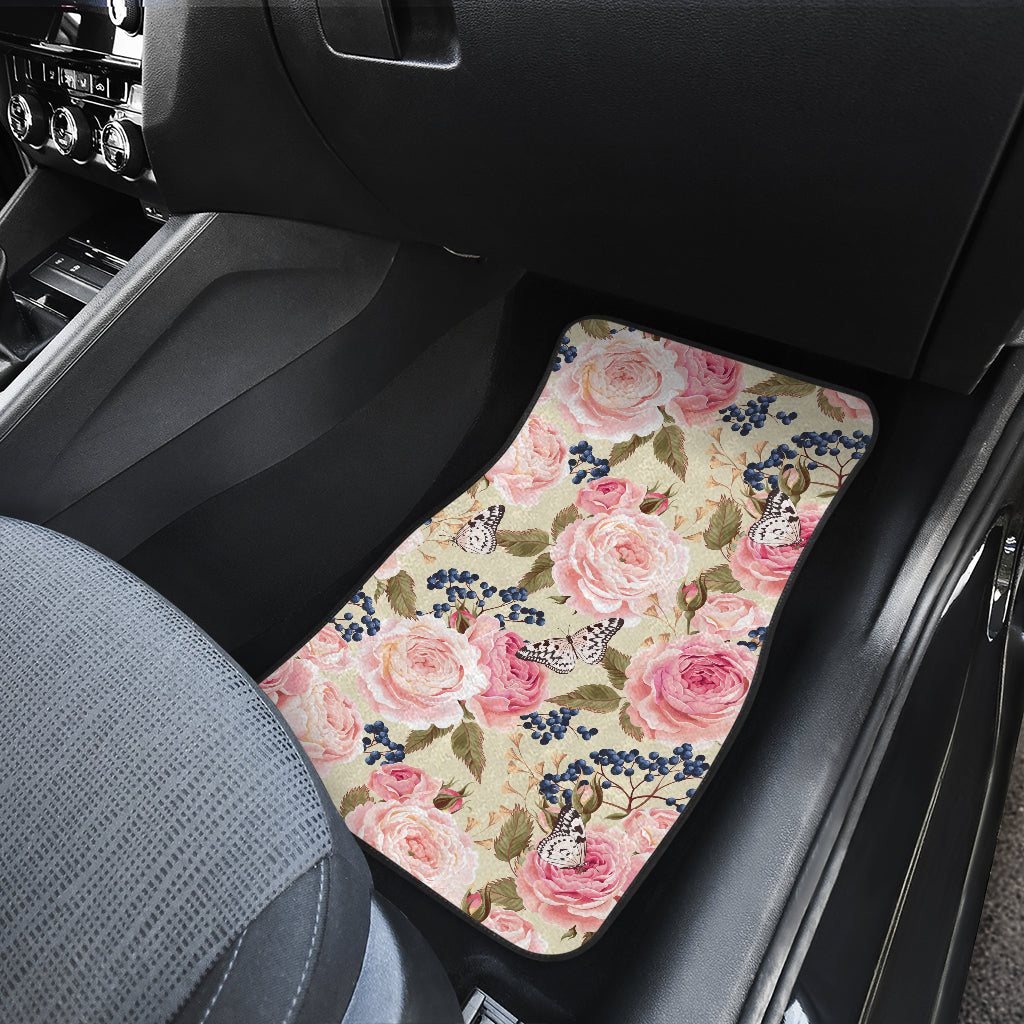 Floral Pink Butterfly Print Car Floor Mats Front Back
