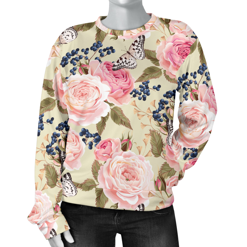 Floral Pink Butterfly Print Women Long Sleeve Sweatshirt