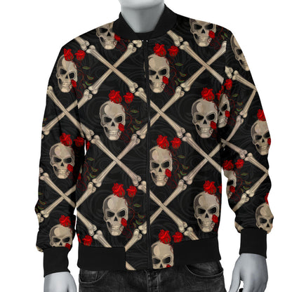 Skull Roses Bone Design Themed Print Men Bomber Jacket