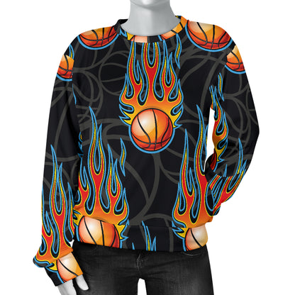 Basketball Fire Print Pattern Women Long Sleeve Sweatshirt