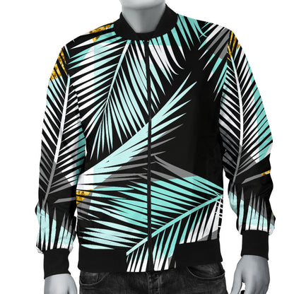 Gold Glitter Cyan Tropical Palm Leaves Men Bomber Jacket