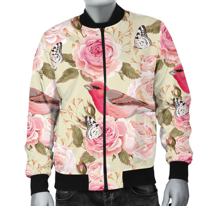 Bird Butterfly Pink Flower Print Pattern Men Bomber Jacket