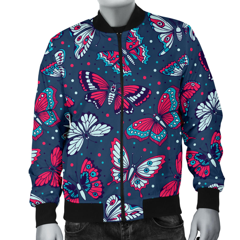 Butterfly Red Deep Blue Print Pattern Men Bomber Jacket