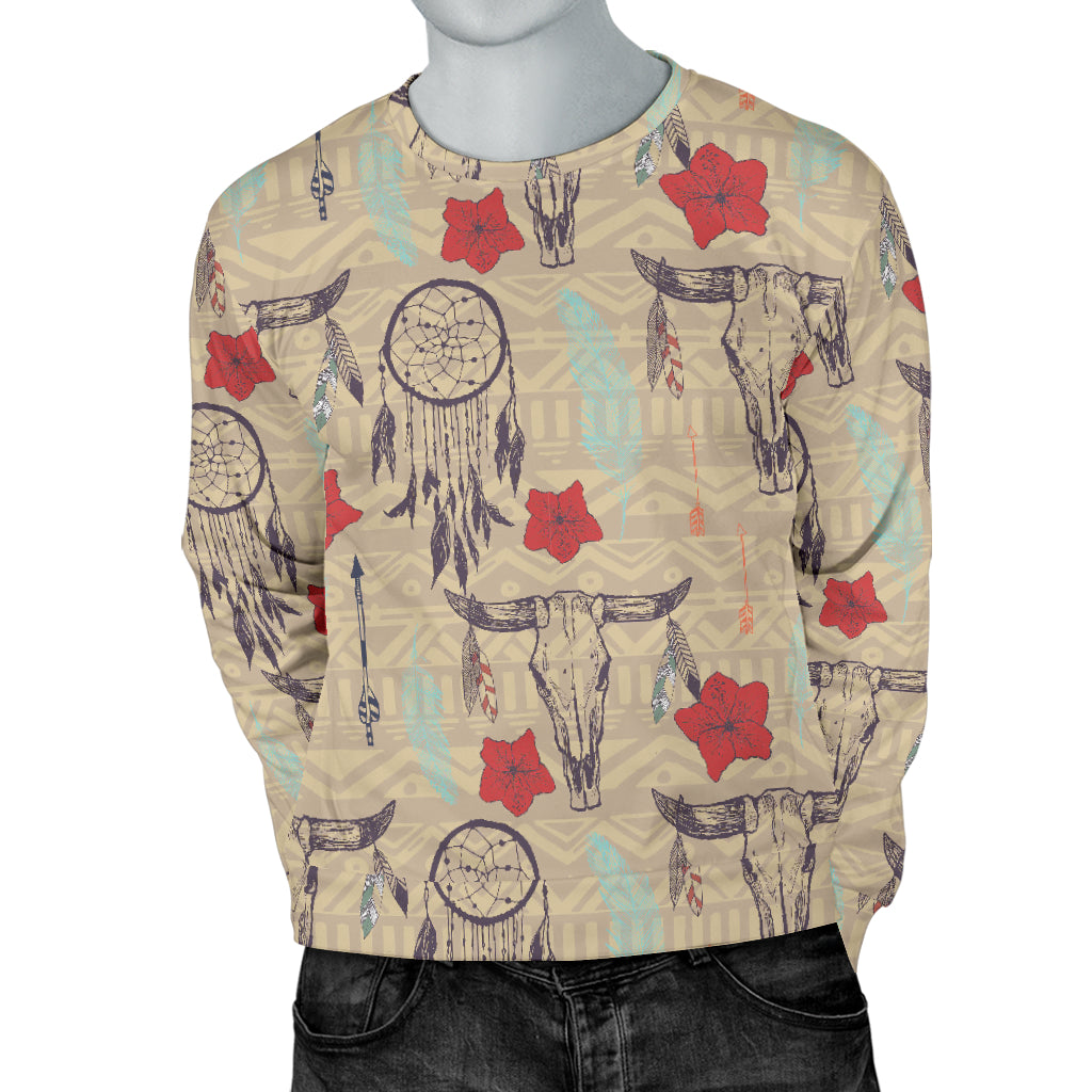 Native Buffalo Head Themed Design Print Men Long Sleeve Sweatshirt