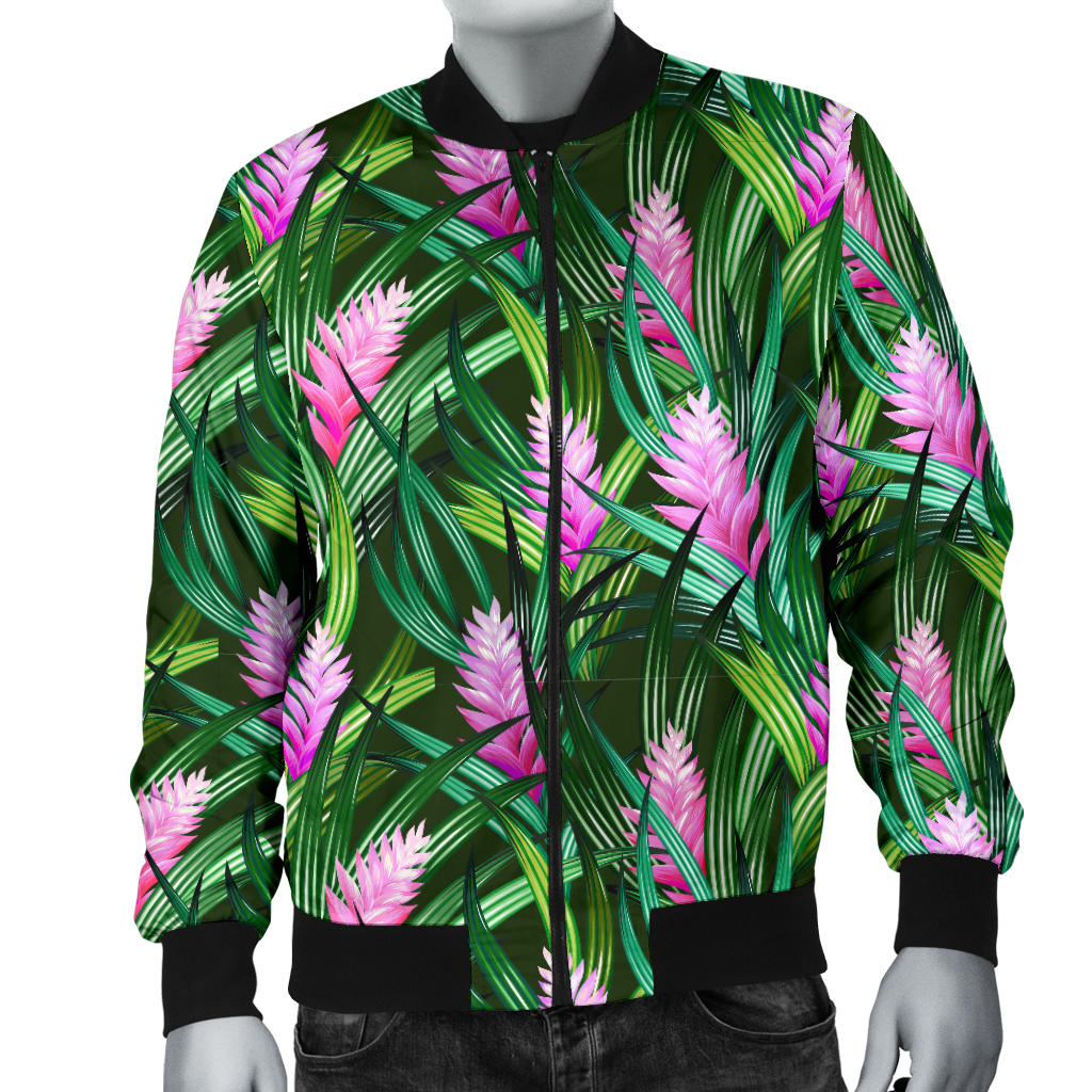 Tropical Folower Pink Heliconia Print Men Bomber Jacket