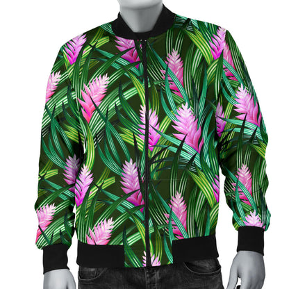 Tropical Folower Pink Heliconia Print Men Bomber Jacket