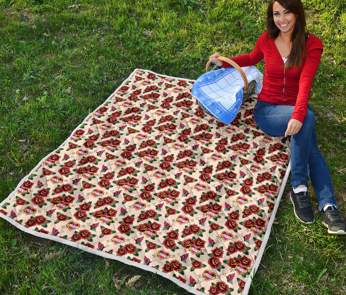 Old School Tattoo Rose Pattern Quilt Bedspread
