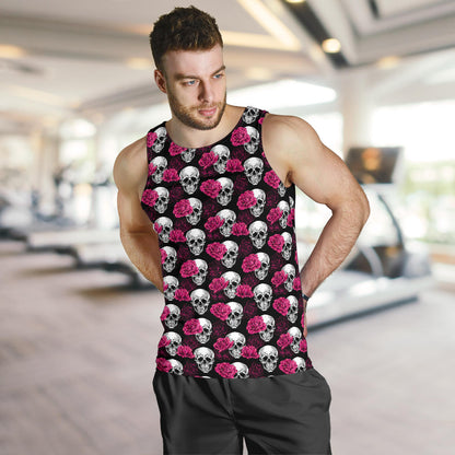 Pink Rose Skull Themed Print Men Tank Top