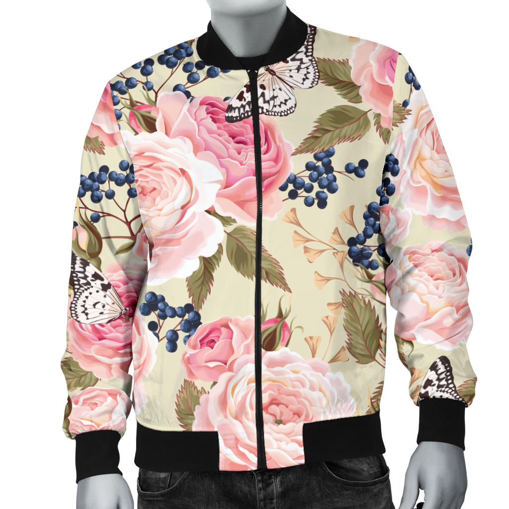 Floral Pink Butterfly Print Men Bomber Jacket