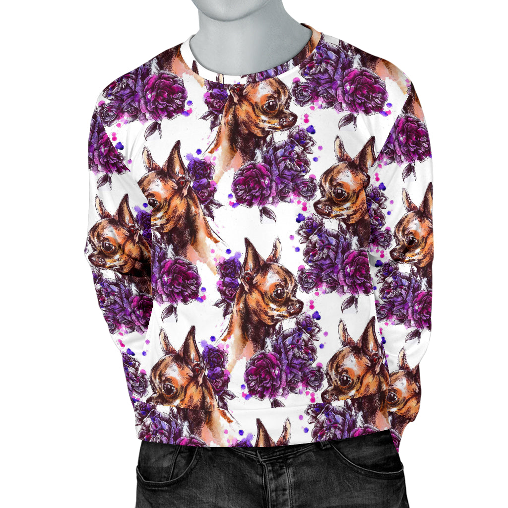 Chihuahua Purple Floral Men Long Sleeve Sweatshirt