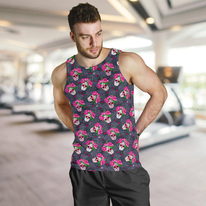 Sugar Skull Pink Rose Themed Print Men Tank Top