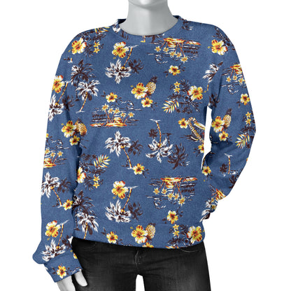 Hawaiian Flower Blue Print Women Long Sleeve Sweatshirt