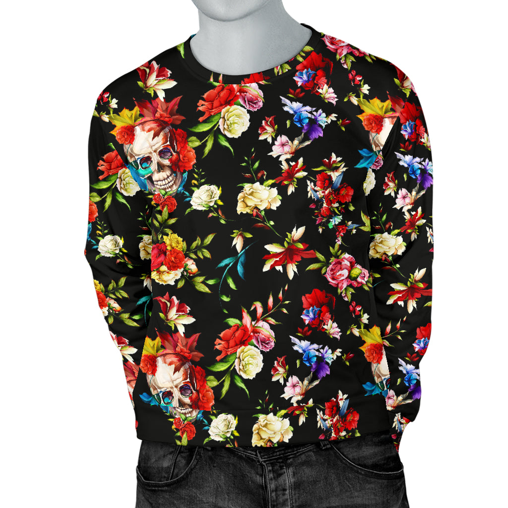 Skull Roses Flower Design Themed Print Men Long Sleeve Sweatshirt