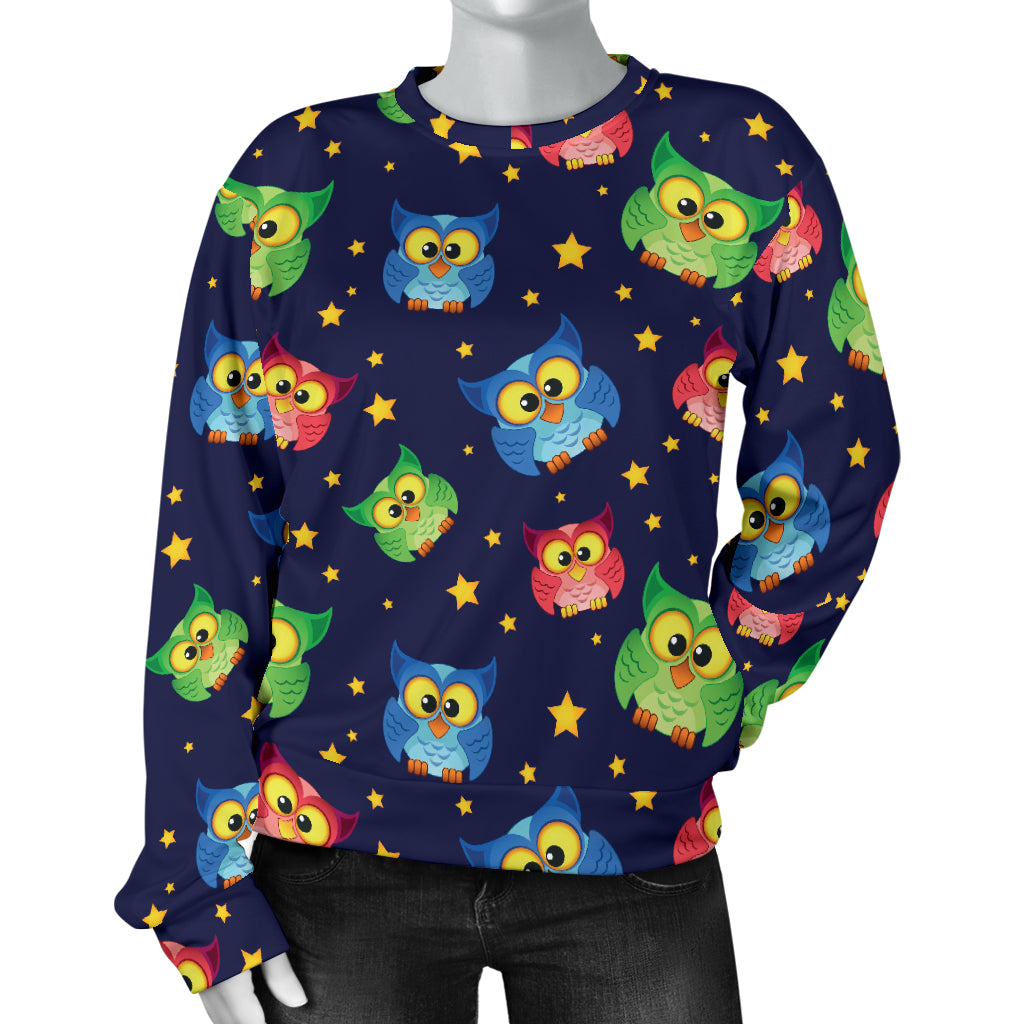 Owl with Star Themed Design Print Women Long Sleeve Sweatshirt