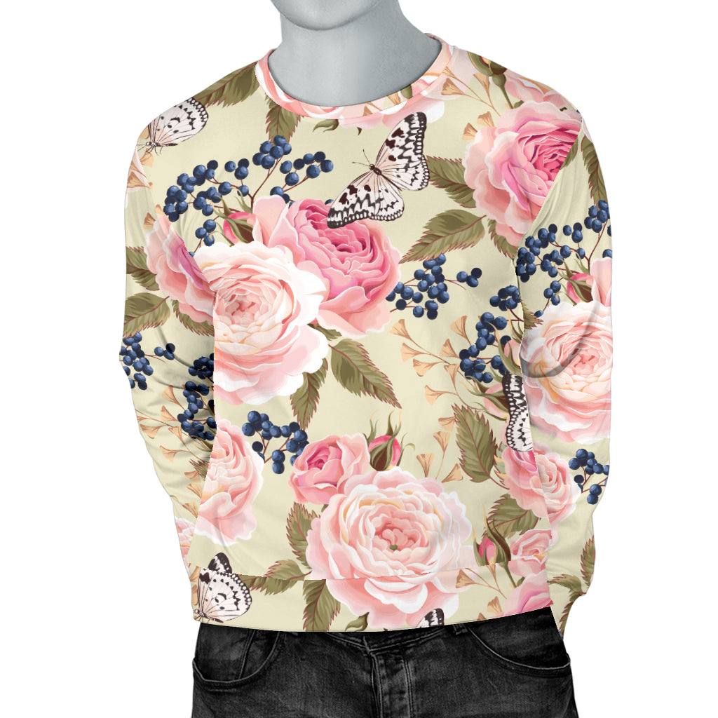 Floral Pink Butterfly Print Men Long Sleeve Sweatshirt