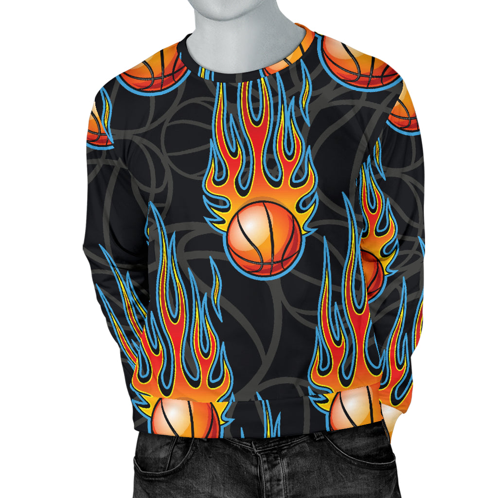 Basketball Fire Print Pattern Men Long Sleeve Sweatshirt