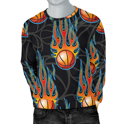 Basketball Fire Print Pattern Men Long Sleeve Sweatshirt