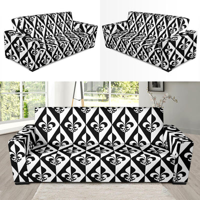 Fleur De Lis Black White Pattern Print Design 02 Sofa Slipcover