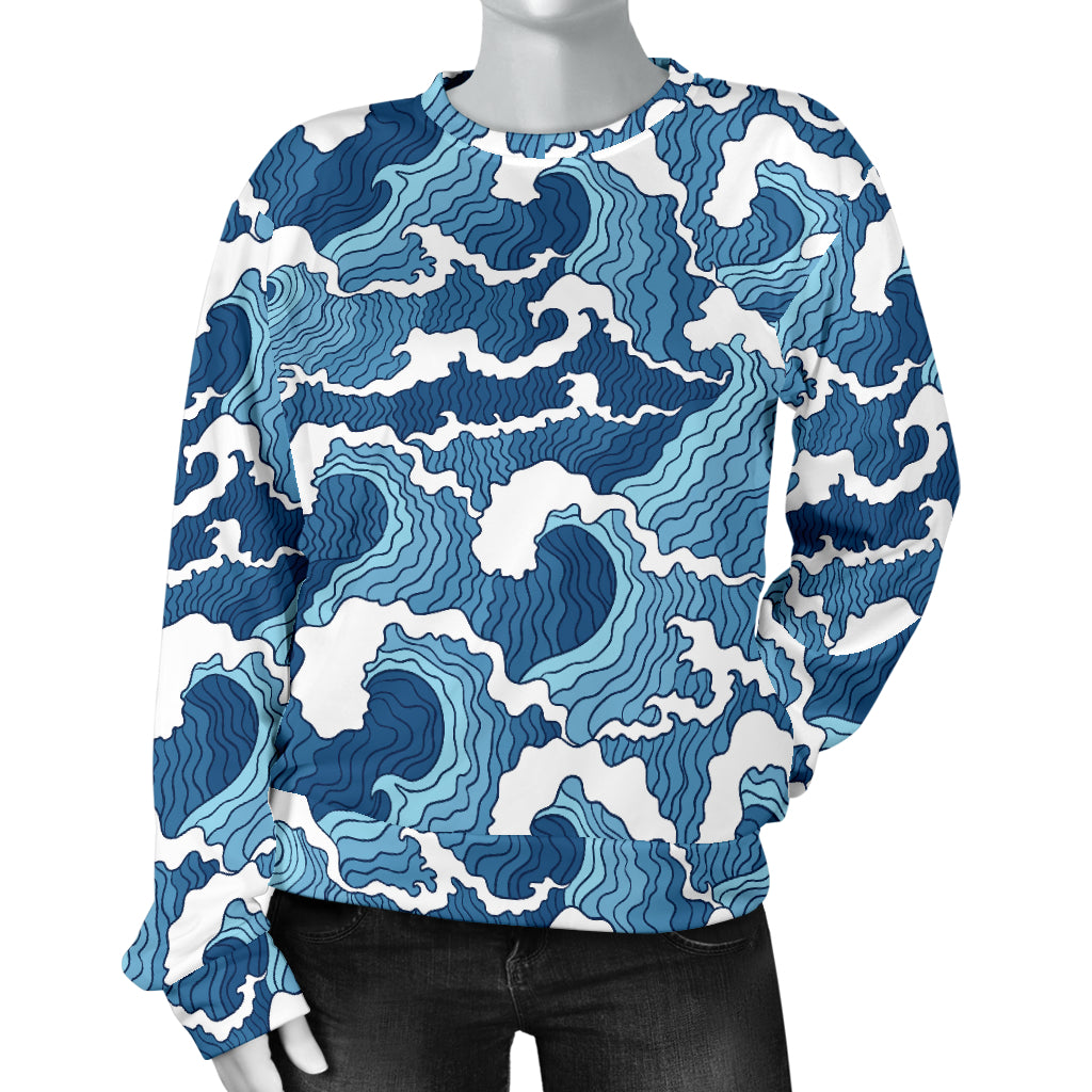 Wave Themed Pattern Print Women Long Sleeve Sweatshirt