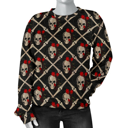 Skull Roses Bone Design Themed Print Women Long Sleeve Sweatshirt