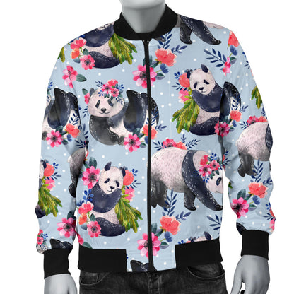 Panda Bear Flower Design Themed Print Men Bomber Jacket