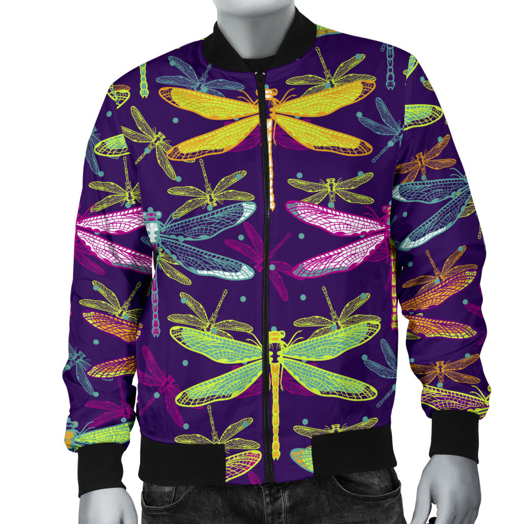 Dragonfly Neon Color Print Pattern Men Bomber Jacket