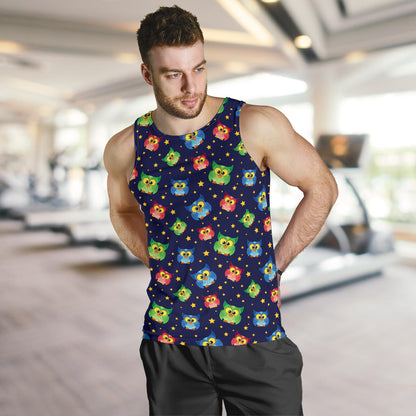 Owl with Star Themed Design Print Men Tank Top