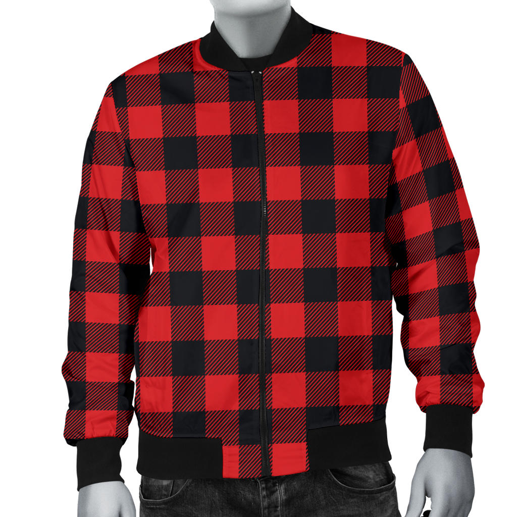 Red Black Buffalo Tartan Plaid Pattern Men Bomber Jacket