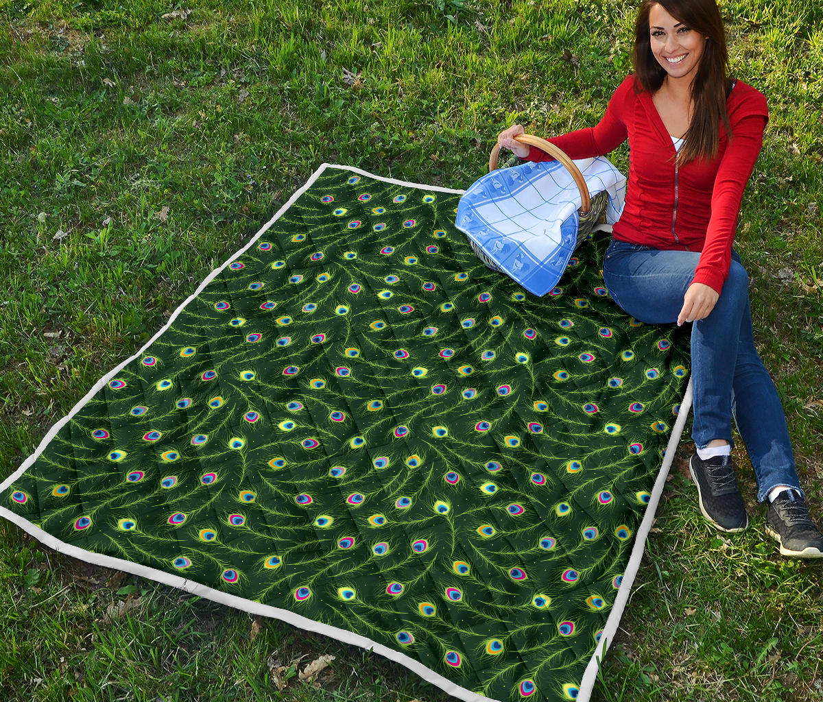 Peacock Feather Green Design Print Quilt Bedspread