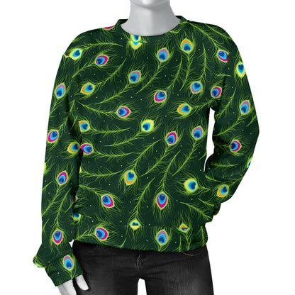 Peacock Feather Green Design Print Women Long Sleeve Sweatshirt