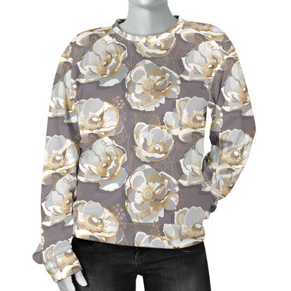 Elegant Grey Flower Print Women Long Sleeve Sweatshirt