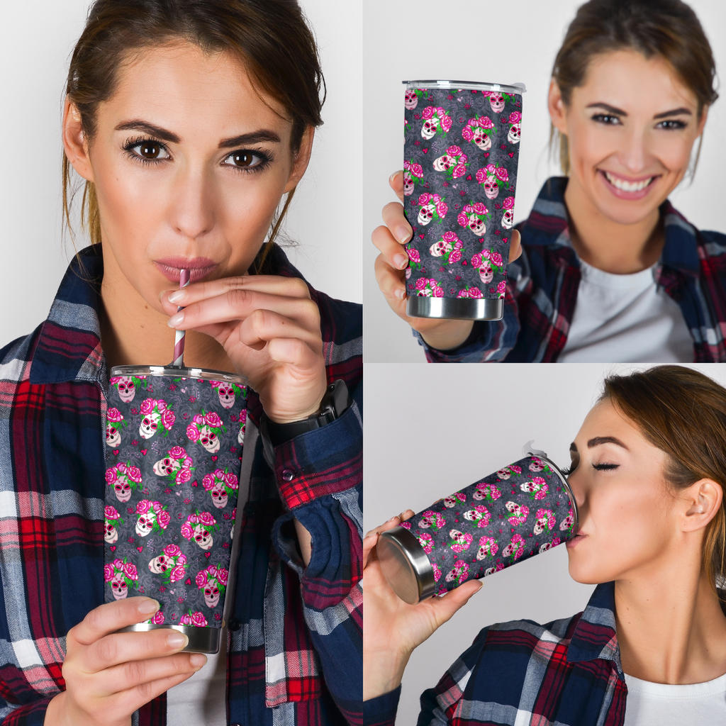 Sugar Skull Pink Rose Themed Print Tumbler