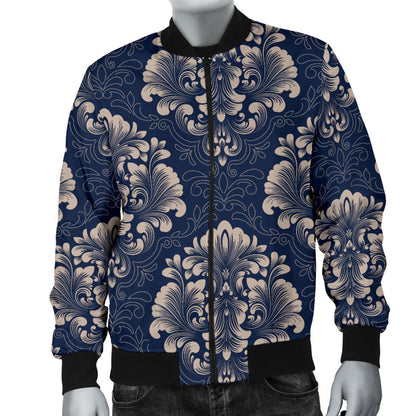 Damask Blue Luxury Print Pattern Men Bomber Jacket
