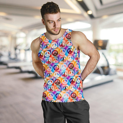 Peace Sign Patchwork Design Print Men Tank Top