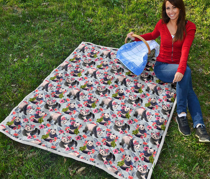 Panda Bear Flower Design Themed Print Quilt Bedspread