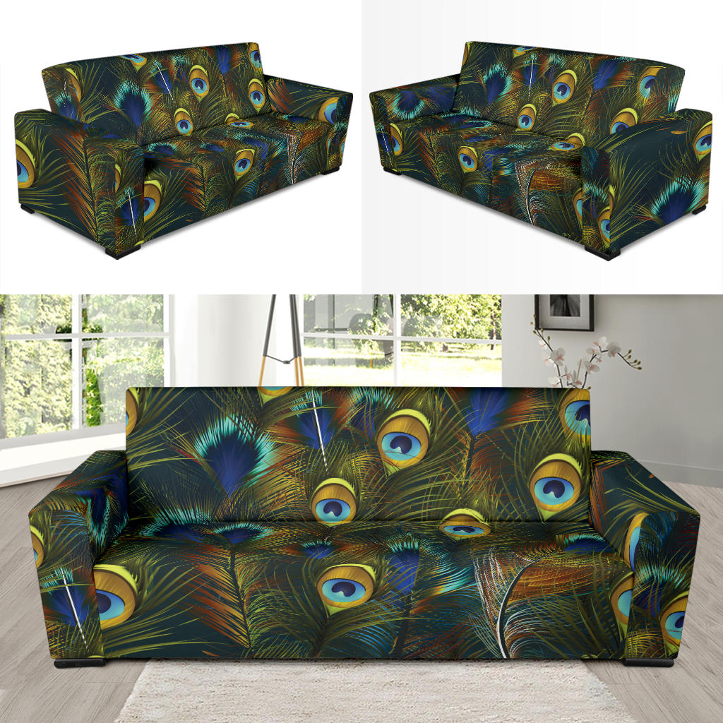 Peacock Feather Pattern Print Design A03 Sofa Slipcover